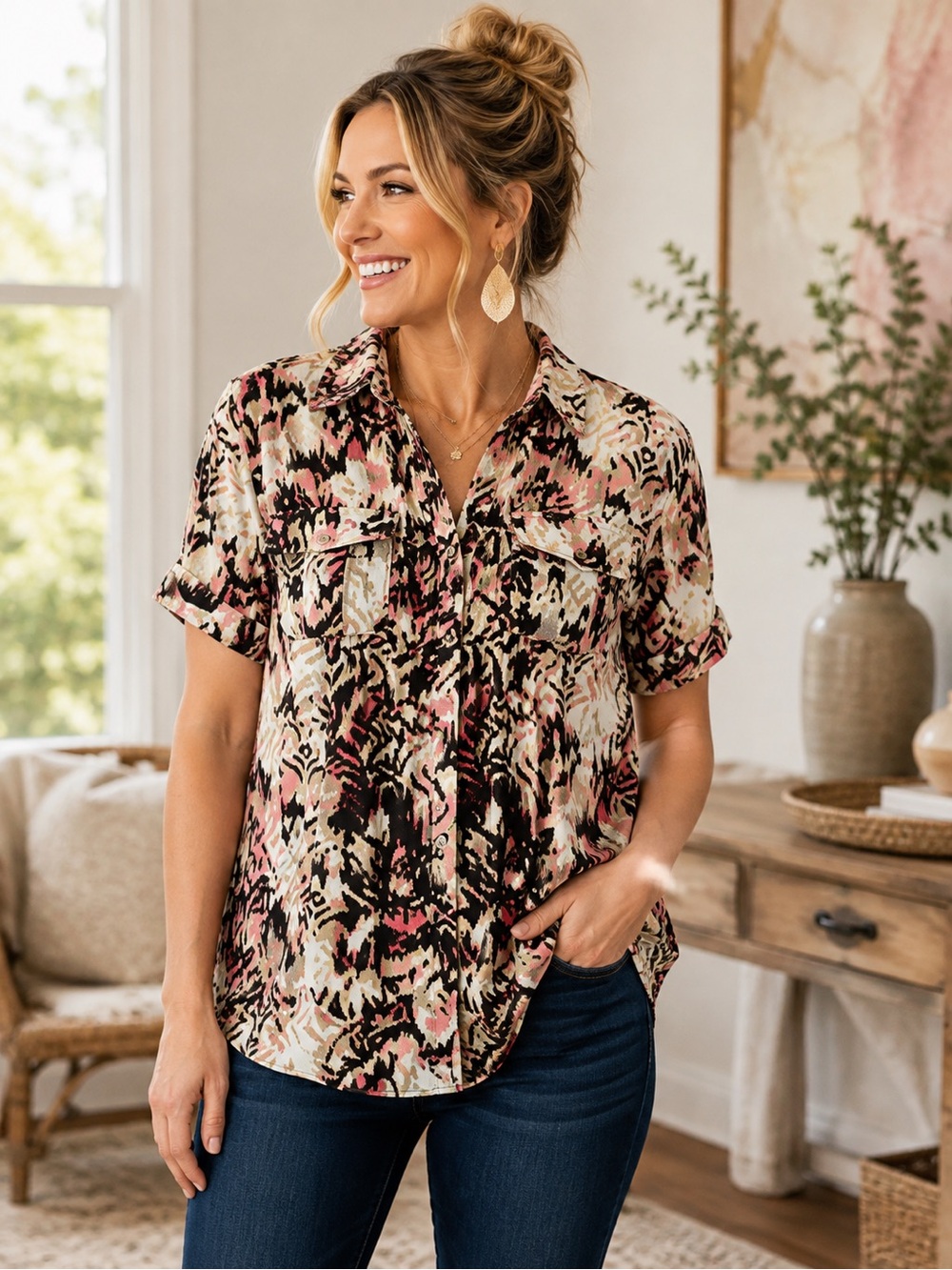 Christopher & Banks Pink Black Print Button Down Top Medium